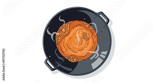 Vibrant illustration of a bubbly, simmering batter in a cooking wok on a white background, capturing the essence of culinary creation.