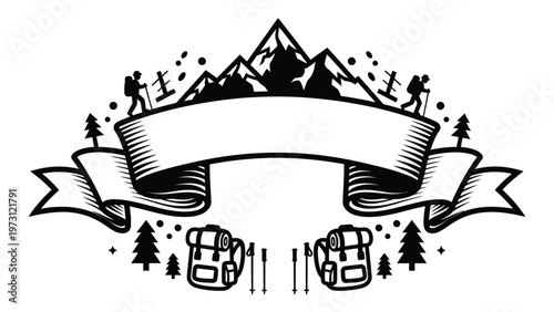 A black and white illustration featuring a mountain range with hikers, trees, backpacks, and ski poles, centered around a blank banner for text.