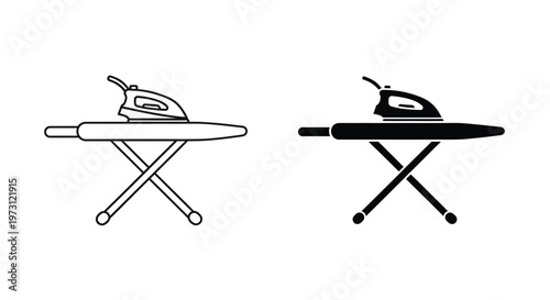 Two flat vector graphic design icons showing a modern clothes iron on an ironing board surface