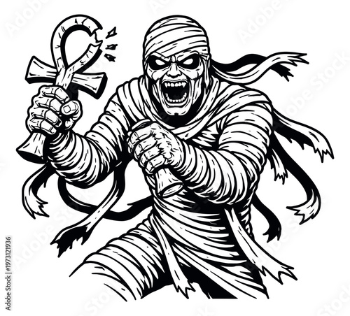 Hand drawn line art illustration of a mummy depicting roaring and holding a broken ankh for Halloween and horror themes