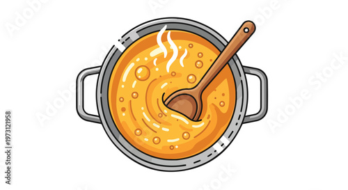 Top-down view of a steaming pot filled with a bubbling, golden liquid and a wooden spoon immersed within the delicious mixture creating swirls of