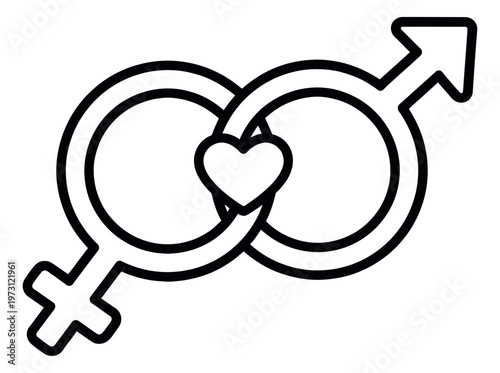 Line art illustration of intertwined male and female gender symbols depicting love and connection for relationship and equality concepts