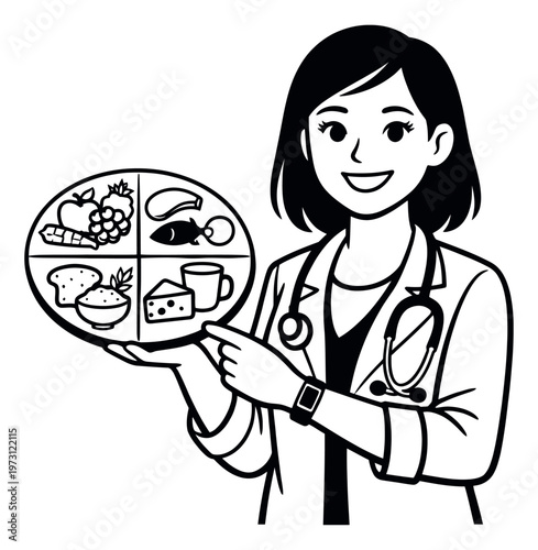 Hand drawn illustration of a female doctor depicting a balanced food plate for nutrition education