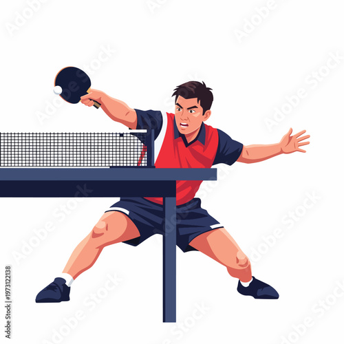 Illustration of a male table tennis player in action, hitting a ball with a paddle, wearing a red and blue uniform, against a clean white background with a dynamic pose.