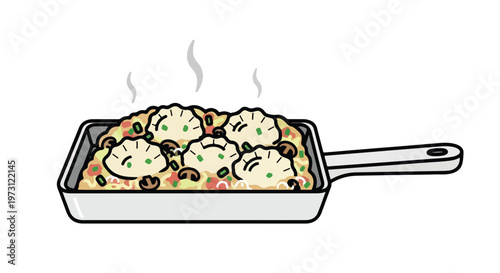 Steaming Pot of Dumplings and Vegetables Served in a Rectangular Pan