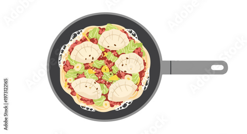 Creative stylized illustration of delicious looking food prepared in a frying pan, showcasing vibrant colors and appealing textures for culinary