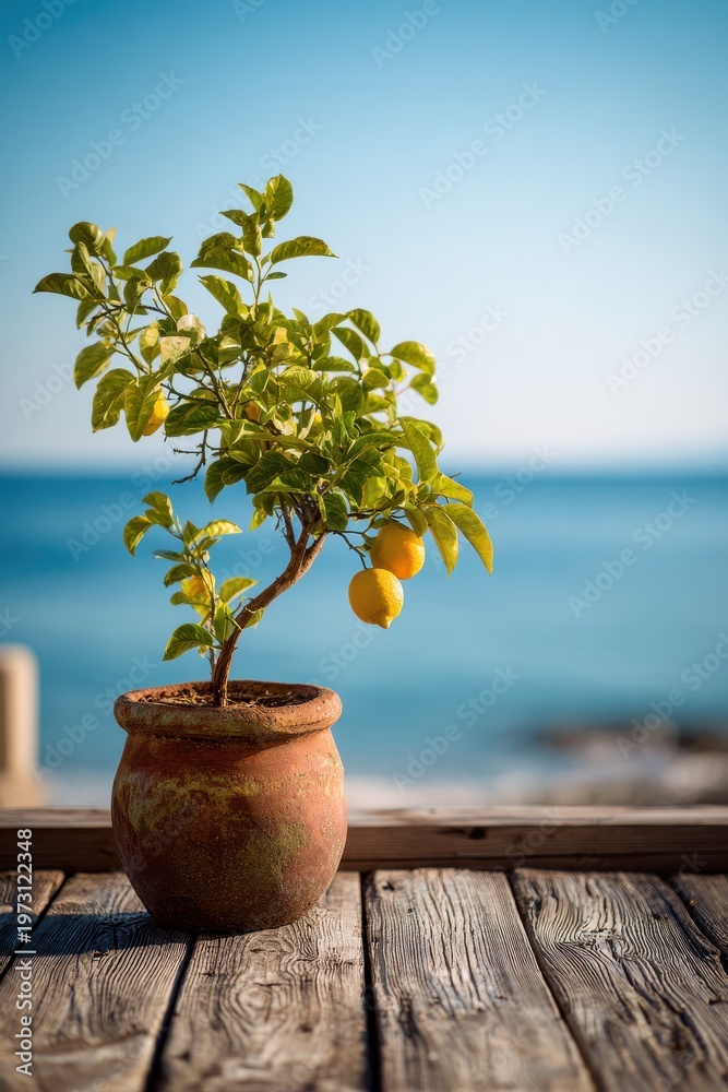 Fototapeta premium Coastal still life: potted lemon plant beside the calm sea