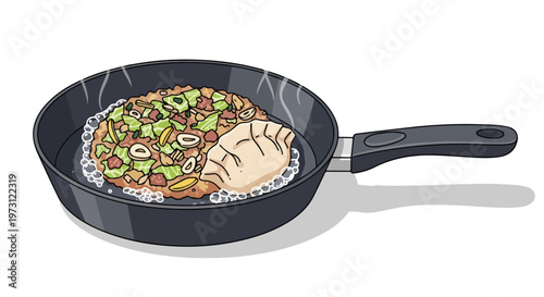 Culinary creation featuring a sizzling pan with a delicious mix of ingredients and a perfectly placed dumpling ready for enjoyment