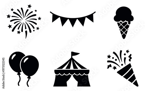 Flat celebration icon set featuring fireworks, party flags, ice cream, balloons, a circus tent, and a party popper for events and festivities