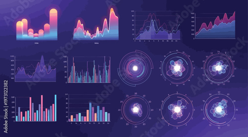 Futuristic hud interface with various data visualization charts and graphs