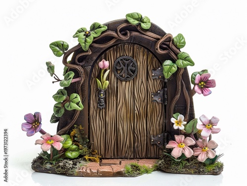 Decorative fairy door surrounded by vines and flowers in a fantasy setting