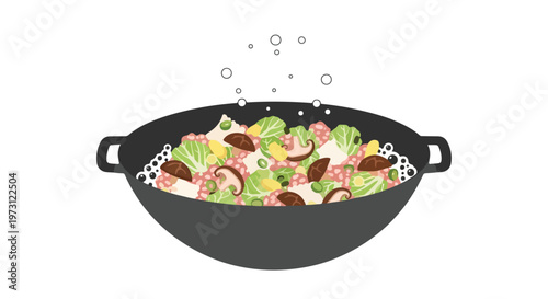 Vibrant ingredients sizzle and bubble in a dark wok, a cartoon illustration of a culinary preparation process