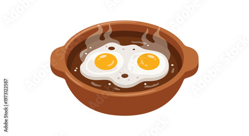 Two sunny-side-up eggs swimming in a rich, steaming broth within a rustic earthenware bowl, a comforting culinary visual illustration perfect for