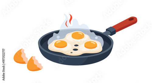 Illustration of three sunny-side-up eggs sizzling in a pan with steam rising, next to broken eggshells, depicting a simple breakfast preparation