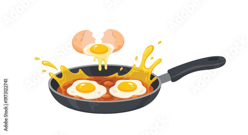 Vibrant cartoon depiction of eggs sizzling and splashing dynamically in a hot frying pan a culinary masterpiece in motion