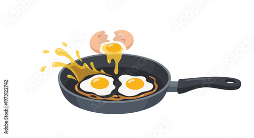 A vibrant illustration captures the dynamic process of frying eggs in a pan with a dramatic splash of yolk