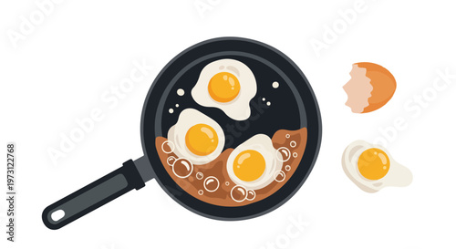 Sunny-side up eggs sizzling in a pan with a cracked eggshell nearby a delicious breakfast preparation concept