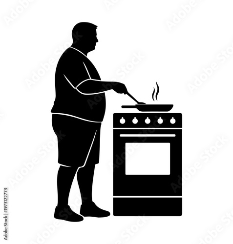 Silhouette of heavyset man cooking at stove, representing home cooking, lifestyle, body diversity, and everyday routine.