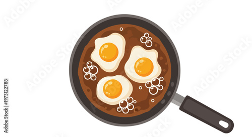 Wholesome breakfast preparation featuring three perfectly fried eggs sizzling in a dark pan with bubbling cooking oil, ready to be served.