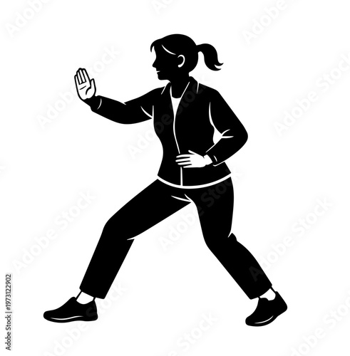 Woman doing tai chi pose. Silhouette of woman in martial arts stance, representing self defense, karate training, fitness discipline, strength, and personal safety.