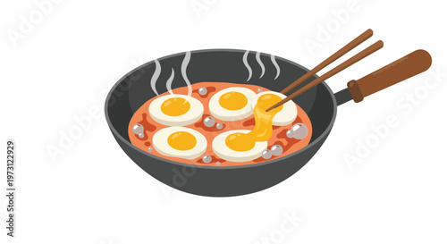 Steaming pan with fried eggs and melted cheese, ready to be enjoyed with chopsticks illustration