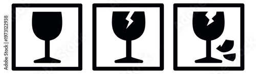 Graphic icon set featuring fragile wine glass symbols depicting states of damage for packaging and shipping