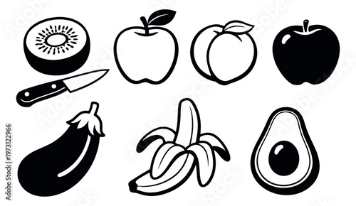 Graphic fruit and vegetable icon set featuring kiwi, apples, peach, banana, avocado, eggplant, and a knife for healthy eating and cooking