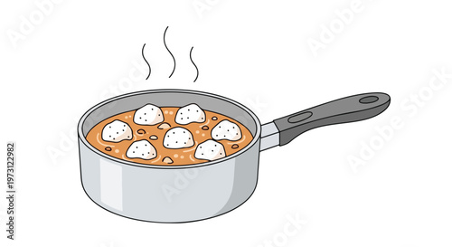 Whimsical illustration of dumplings simmering in a rich, savory sauce within a saucepan with rising steam, simple yet inviting.