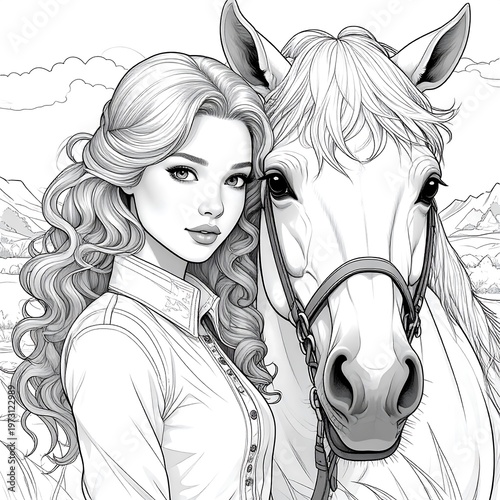 A grayscale coloring page depicts a woman with flowing hair beside a white horse. Rolling hills and a cloudy sky fill the backdrop