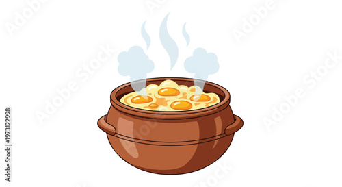 A Rustic Clay Pot Simmering with Delicious Egg Dish, Emitting Plumes of Warm Steam, Ideal for Culinary Depictions