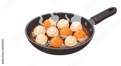 Savory Spheres Sizzling in a Frying Pan with Bubbles and Steam Evoking Warmth