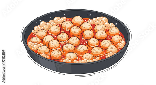 A delicious meal featuring meatballs simmered in a rich tomato sauce within a black serving dish, perfect for culinary illustration and food blogs