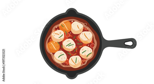 Whimsical Illustration of Savory Meatballs Simmering in a Rich Tomato Sauce in a Cast Iron Skillet, A Delightful Culinary Scene