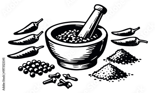 Hand drawn line art culinary set featuring a mortar and pestle with chili peppers, peppercorns, and cloves for food preparation