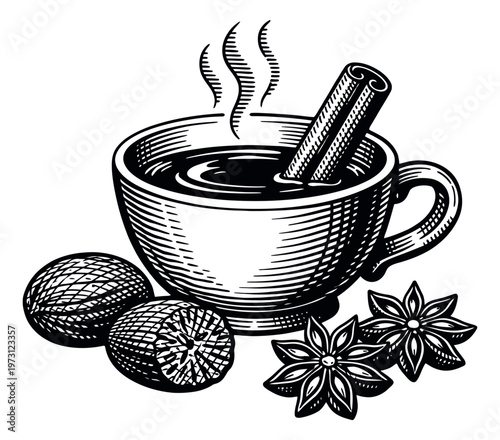 Hand drawn illustration of a steaming cup and spices depicting cinnamon stick, nutmegs, and star anises for winter beverages