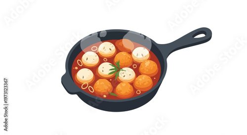 Savory spherical delights simmered in a rich, reddish sauce presented in a rustic black skillet, a culinary illustration