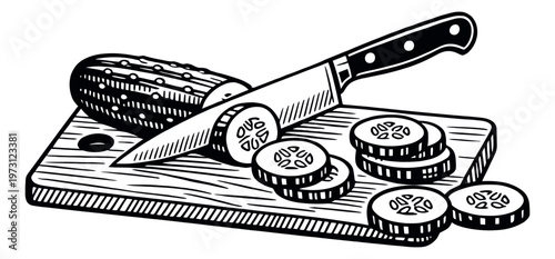 Hand drawn line art illustration of a cucumber depicting slicing on a cutting board for food preparation