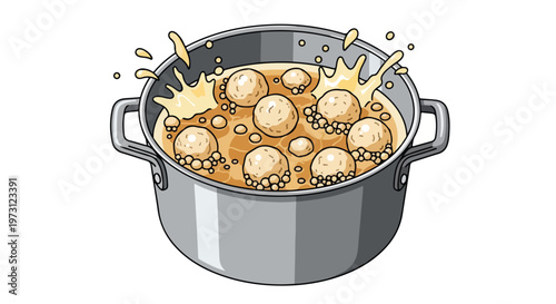A cartoon illustration of meatballs simmering and splashing in a pot of broth, a culinary depiction of a favorite comfort food preparation