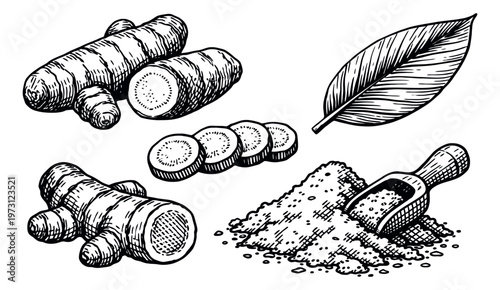 Hand drawn line art turmeric set featuring whole and sliced roots, a leaf, and powder with a scoop for culinary and medicinal use