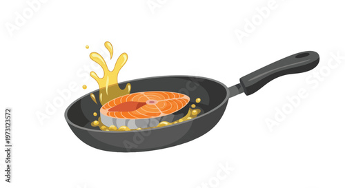 Illustration of a salmon steak sizzling in hot oil within a black frying pan, with dynamic yellow splashes suggesting cooking activity and heat