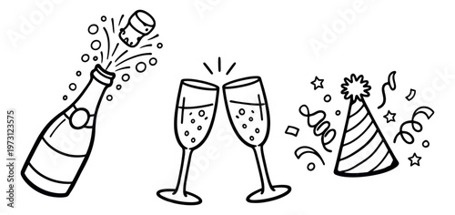 Hand drawn line art celebration elements set featuring a popping champagne bottle, toasting flutes, and a party hat with confetti for festive occasions