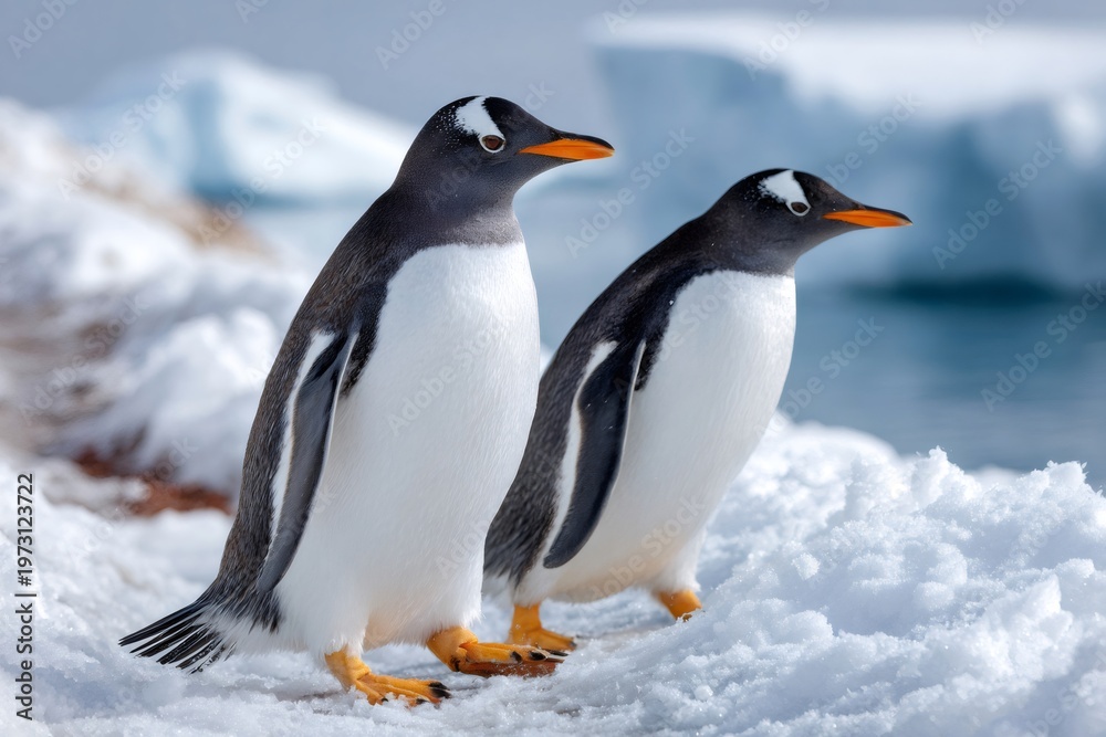 Fototapeta premium Gentoo penguins standing on snow in Antarctica