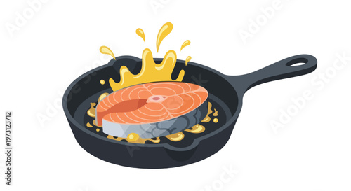 Vibrant illustration of a fresh salmon steak sizzling in a hot cast iron skillet with bubbling golden oil and a dramatic splash, ready for culinary