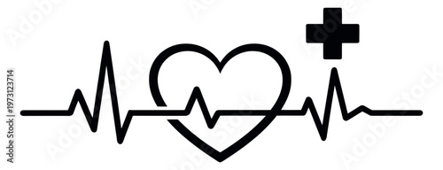 Clean line art illustration of a heart, medical cross, and an ecg line depicting health and medical care for medical and wellness designs