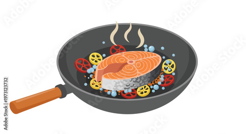A Fresh Salmon Steak Sizzling in a Pan with Colorful Vegetable Medley and Bubbles of Steam Rising