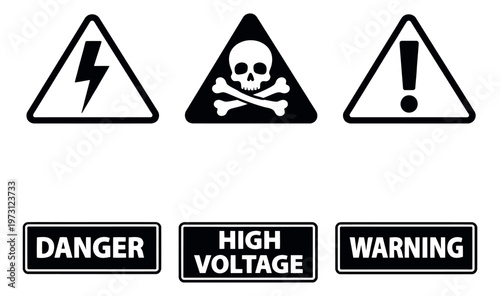 Universal warning signs set featuring electricity, poison, and general hazard symbols with corresponding text labels for safety and industrial alerts