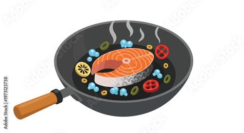 Artistic Illustration of a Salmon Fillet Sizzling with Vegetables in a Frying Pan