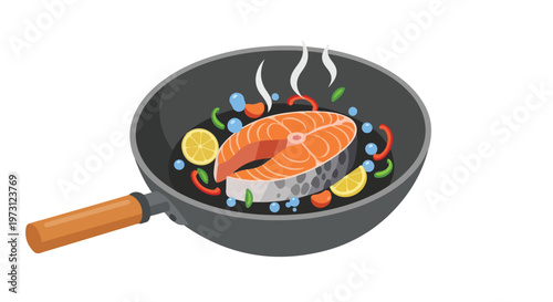 Sizzling Salmon Steak with Colorful Vegetables in a Wok, a Delicious and Healthy Meal Preparation.