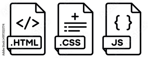 Line art web programming file icons set featuring HTML, CSS, and JavaScript symbols for web development