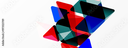 Abstract geometric shapes overlap, creating dynamic composition. Red, blue, green hues dominate white background. Modern design.